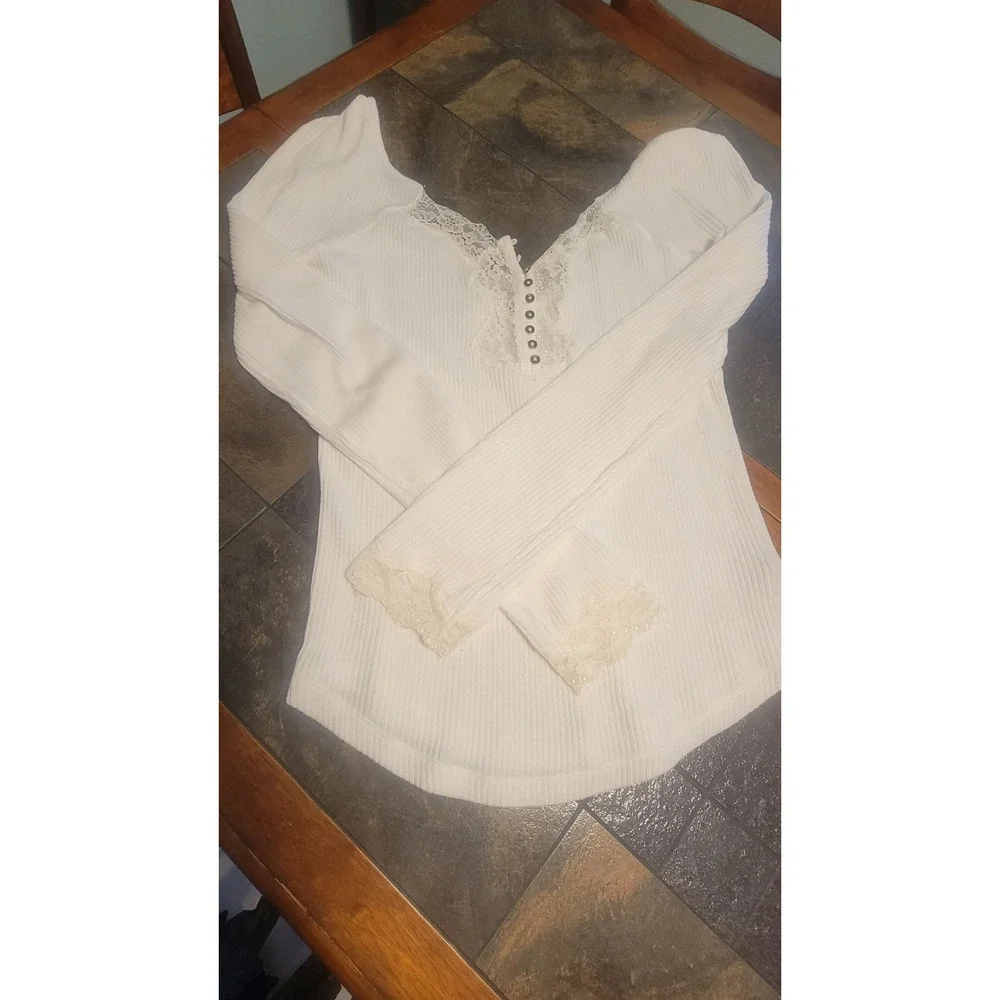 Free People To The West Lace‎ Long Sleeve Ribbed Henley Ivory Bella Babydoll L